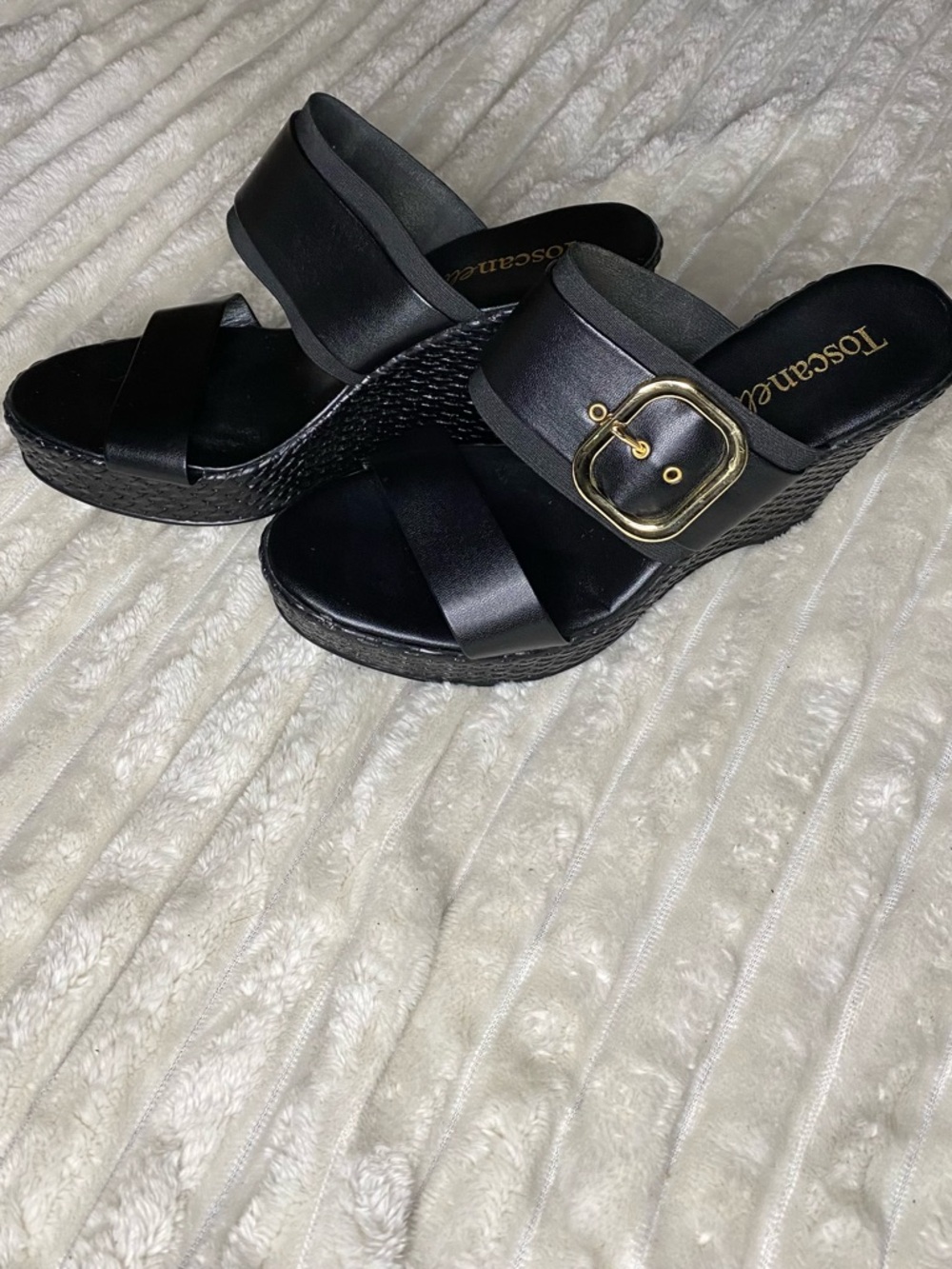 Black Wedge Slide Sandals with Gold Buckle
